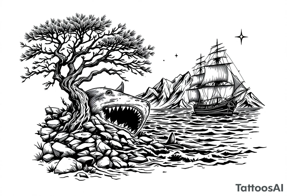 tattoo that has an acacia tree with mountains, ocean with a ship wreck with sharks and the northern star tattoo idea