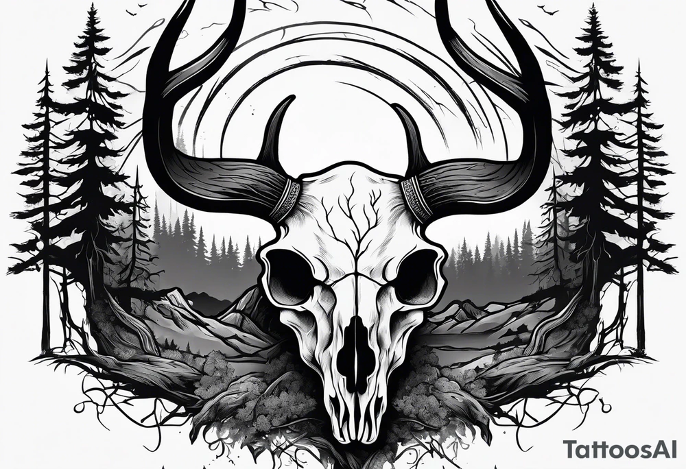 scary side view of a DECAYING deer skull JUST BONE surrounded by a forest fire in background tattoo idea
