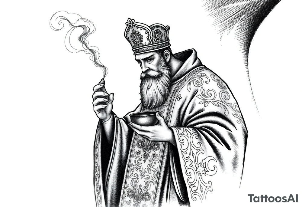 A Russian Orthodox Priest in full gold vestments swinging a censer with smoke curling upward 

The ornate robes give incredible fine line detail
The incense smoke could flow and connect to other elements
It ties directly into the church and Virgin Mary you already have
Very culturally authentic to the overall theme tattoo idea