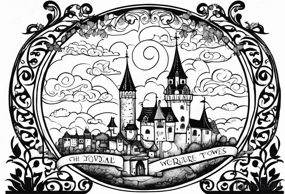 medieval town houses open gate towers garden circle vignette surrounded by clouds tattoo idea