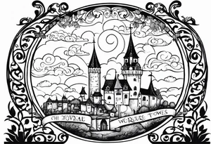 medieval town houses open gate towers garden circle vignette surrounded by clouds tattoo idea