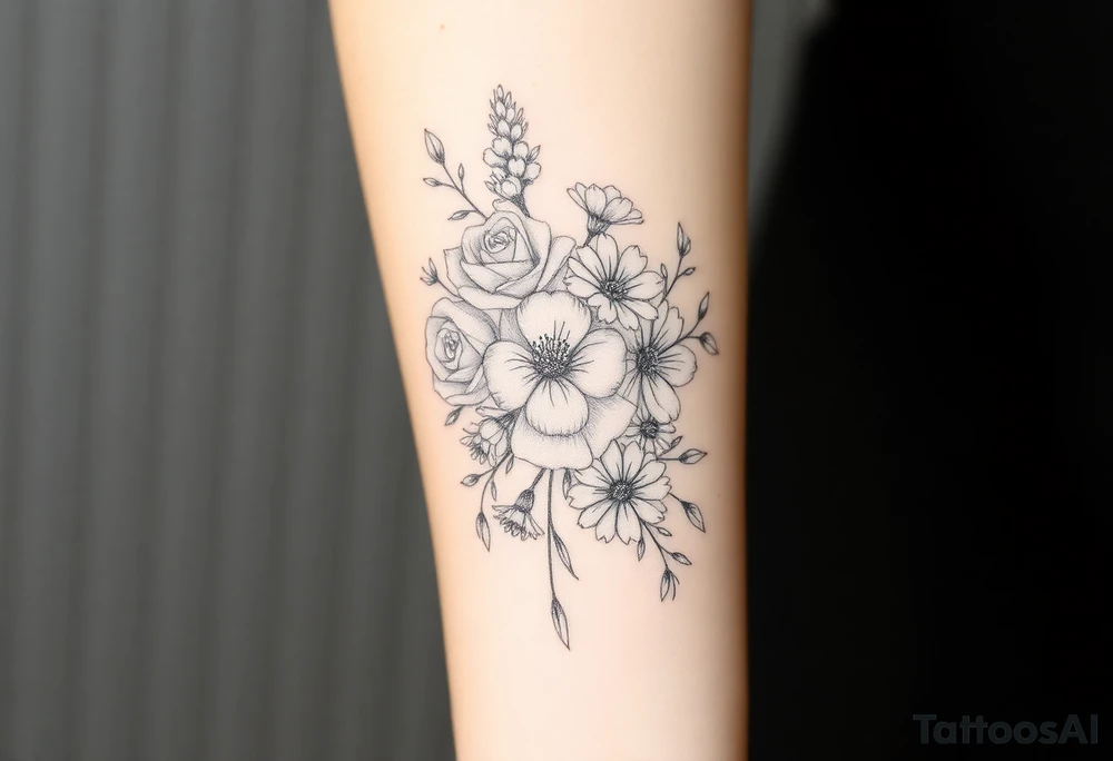 Bouquet of roses, snowdrops, marigolds, asters and gladioli tattoo idea