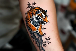 A black ink tiger with orange and white fur climbing down a cliffside with bamboo leaves. tattoo idea