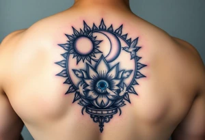 celestial sun and moon embrace with lotus flower in a hour glass that breaks into flying birds and a clock in background tattoo idea