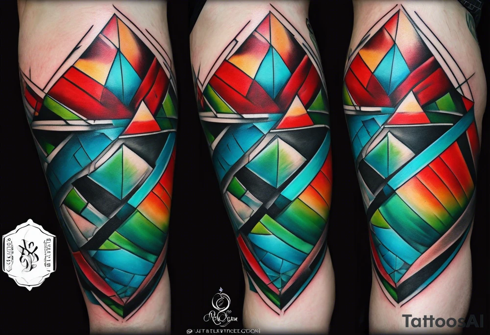 geometric style tattoo on knee with baby blue, red, and green accents. steel helical pier tattoo idea