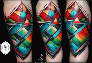 geometric style tattoo on knee with baby blue, red, and green accents. steel helical pier tattoo idea