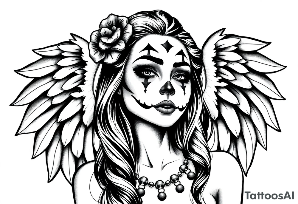 Chicana beautiful long hair clown makeup angel wings tattoo idea