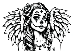 Chicana beautiful long hair clown makeup angel wings tattoo idea