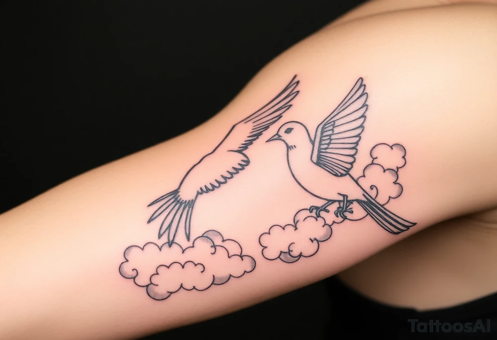 Dove and a blue jay, clouds, shining light to or from heaven tattoo idea