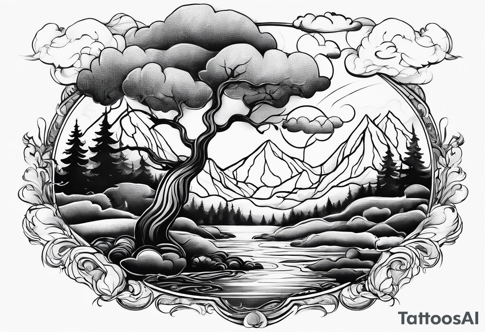 water, clouds, trees, mountains tattoo idea