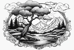 water, clouds, trees, mountains tattoo idea