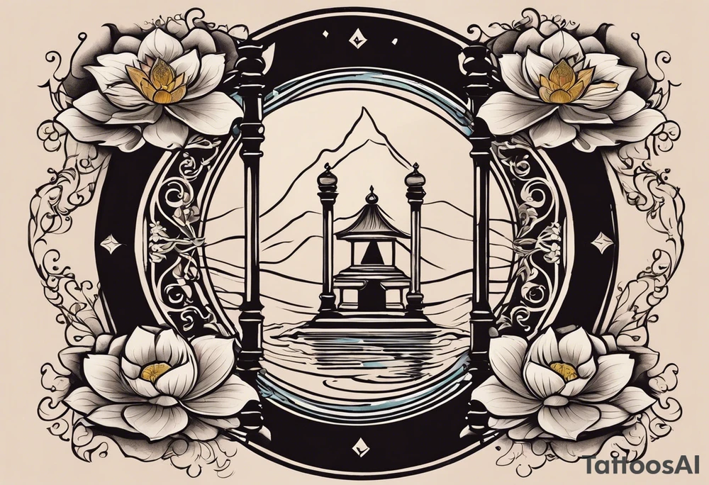 Tattoo Design Instructions:

Central Hourglass: Place in the middle; dark sand at the top, light sand flowing down.
Lotus Flower: Grow from the base of the hourglass, symbolizing growth from hardship.
Family Scene: On one side, depict two boys holding hands, looking up at a larger protective mother figure.
Betrayal Symbolism: Add a broken chain near the hourglass's bottom; a rising phoenix beside it.
Pathway of Growth: A path with stepping stones leading upwards; include a koi fish, crane, and yin-yang symbols.
Asian Elements: Scatter cherry blossoms, waves, and wind patterns; add Kanji for key values like "loyalty" and "strength."
Color and Style: Use black and grey with hints of pink, white, and orange.
Placement: Best as a sleeve or back piece for full detail and flow. tattoo idea