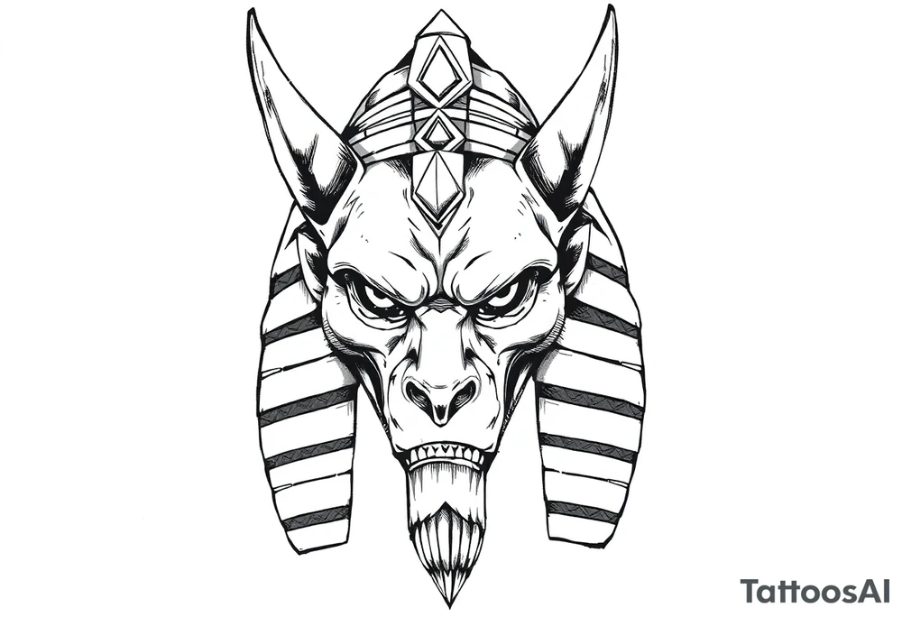 powerful majestic muscle anubis Egyptian god face without eyes with mantle on head tattoo idea