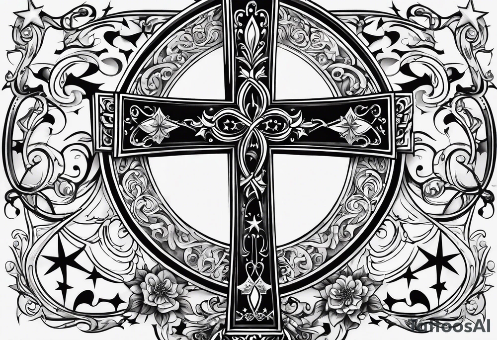 A cross under that is a scroll with my family’s names on it and put some stars around it tattoo idea