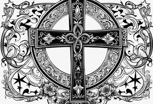 A cross under that is a scroll with my family’s names on it and put some stars around it tattoo idea