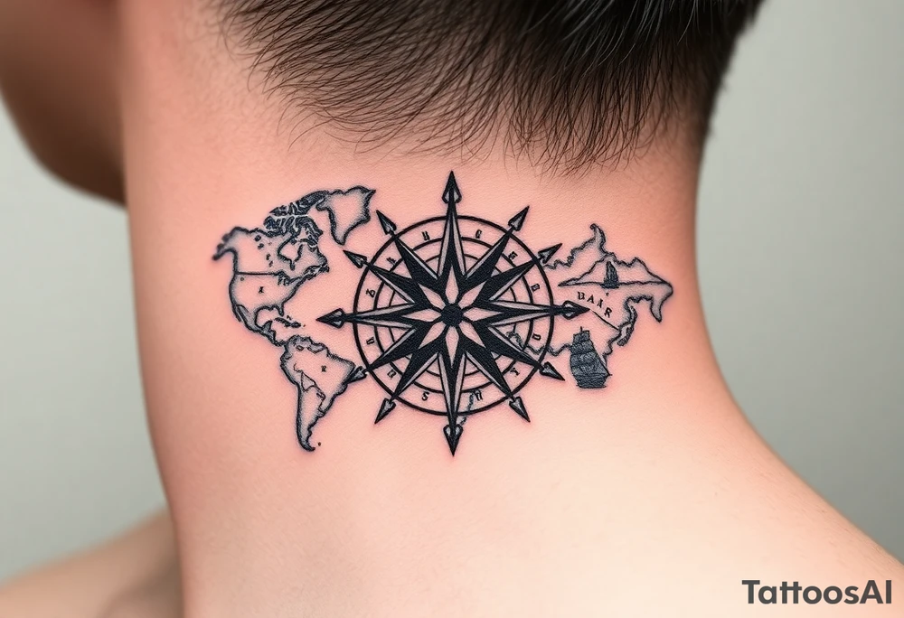 antique compass rose overlaid on weathered world map with sailing ships tattoo idea
