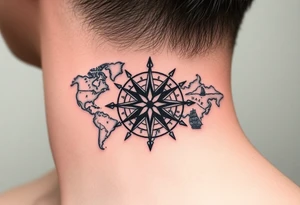 antique compass rose overlaid on weathered world map with sailing ships tattoo idea