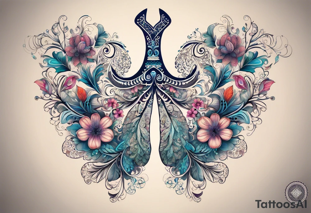 intricate and artistic arrangement of flowers and ornamental patterns that come together to form the shape of human lungs. The design should have a balance of delicacy and detail, with vibrant floral elements seamlessly intertwining to mimic the structure of the lungs, including the bronchi branching into floral motifs. Incorporate subtle shading and depth to give the tattoo a dynamic and organic feel, while maintaining elegance and symmetry tattoo idea