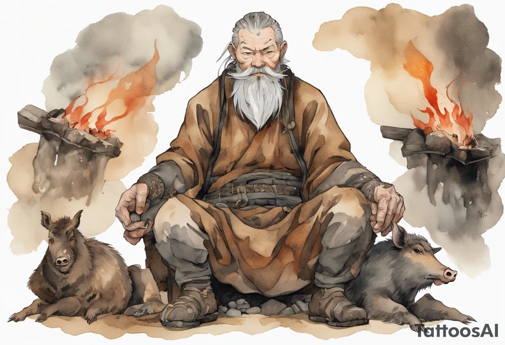 a 55-year-old large Norseman with a grey beard wearing a brown and black tunic sitting by a hearth with his hand on a large boar tattoo idea