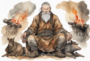 a 55-year-old large Norseman with a grey beard wearing a brown and black tunic sitting by a hearth with his hand on a large boar tattoo idea