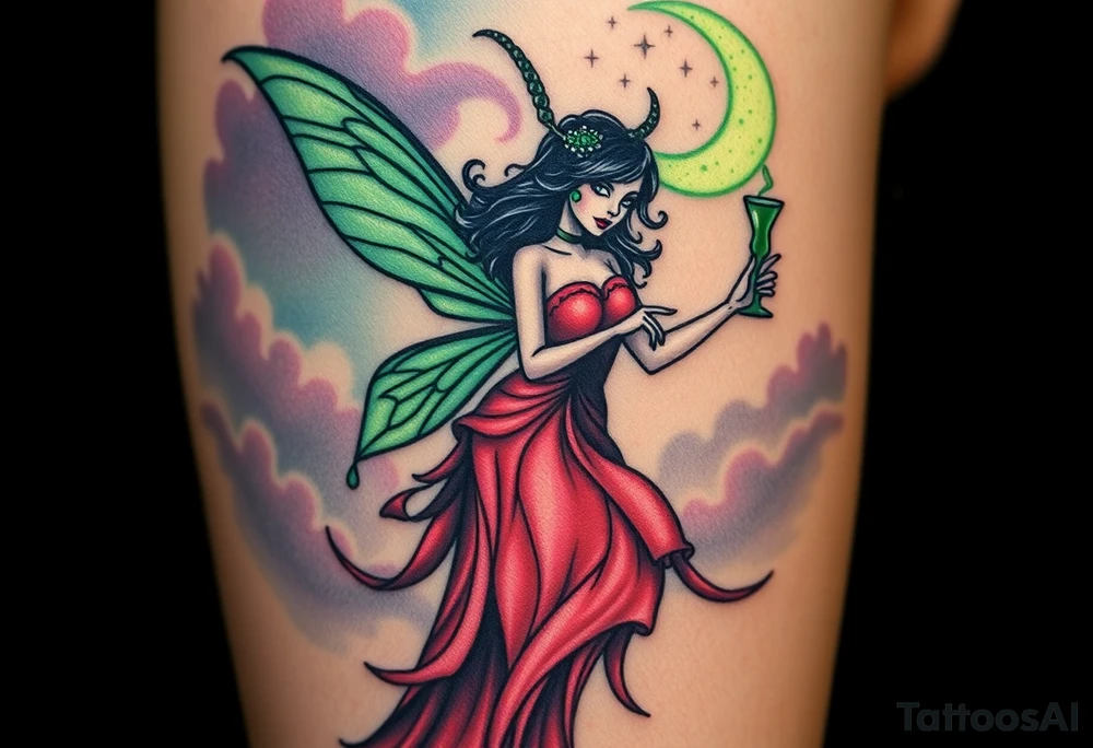 Tim Burton’s pin up style Vintage Parisian elegant and beautiful yet eerie full body absinthe Green Fairy dances outside her victorian crystal decatur absinthe bottle Absinthe Art Nouveau   and dripping with muted reds, dusty pinks, and eerie green glow.purple and cyan smokey clouds swirl in the crescent moonlit sky thats sprinkled with stars tattoo idea