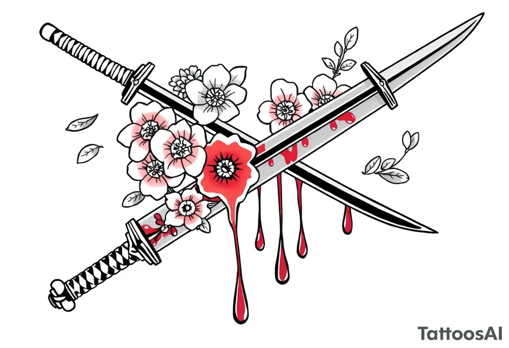 Katana with flowers and blood on the blade tattoo idea