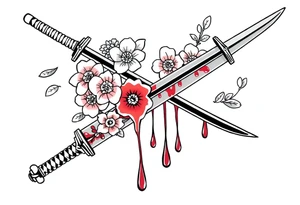 Katana with flowers and blood on the blade tattoo idea