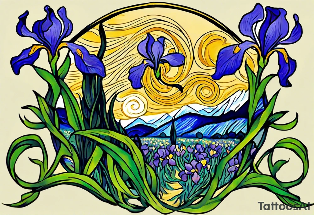 Create a colorful Vincent van Gogh's Irises tattoo, with vines in Celtic knots gracefully holding mountains. The intended placement is on the upper chest. The overall design should be small in size while maintaining a delicate and artistic aesthetic. Pay attention to the graceful flow of the vines and the placement of the irises to achieve a refined and elegant look. tattoo idea