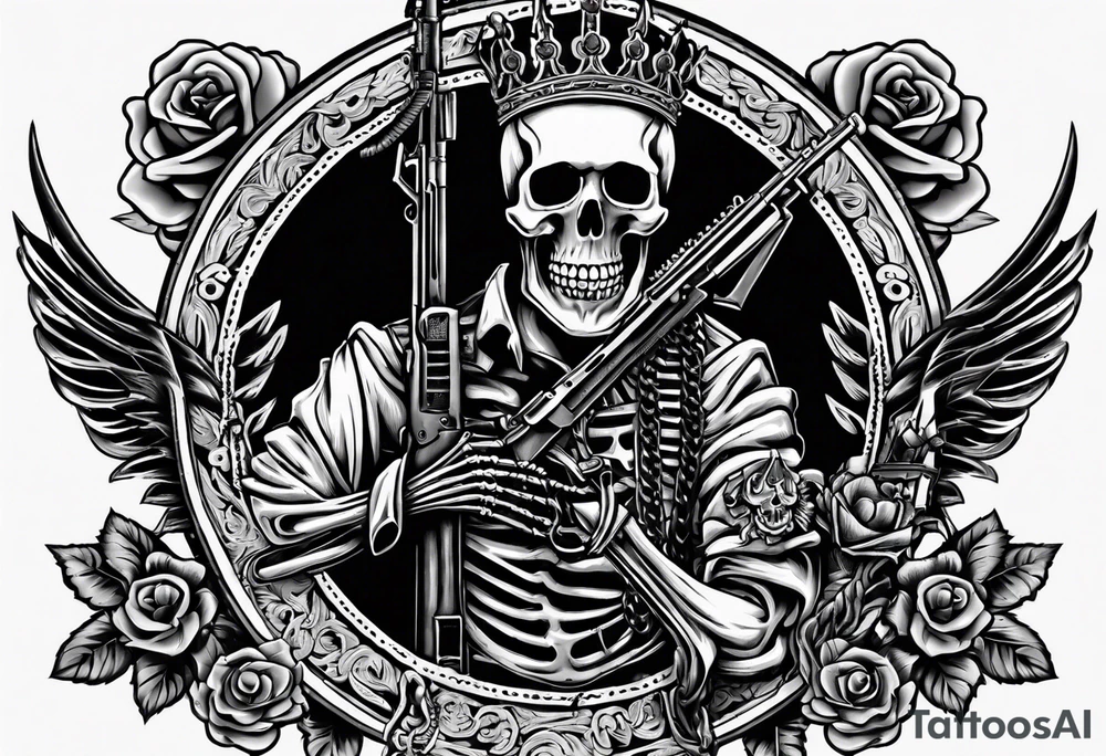 image of a skeleton standing frontally with a crown on his head, holding an AK-47 on his shoulder with his right hand. The chain on the left should be taut, there are three angry barking Dobermans in it, near the waist tattoo idea