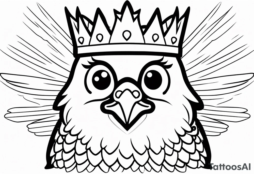 cute 2-d chicken, in a small crown, with a small beak and wings, drawn with a very thin line tattoo idea