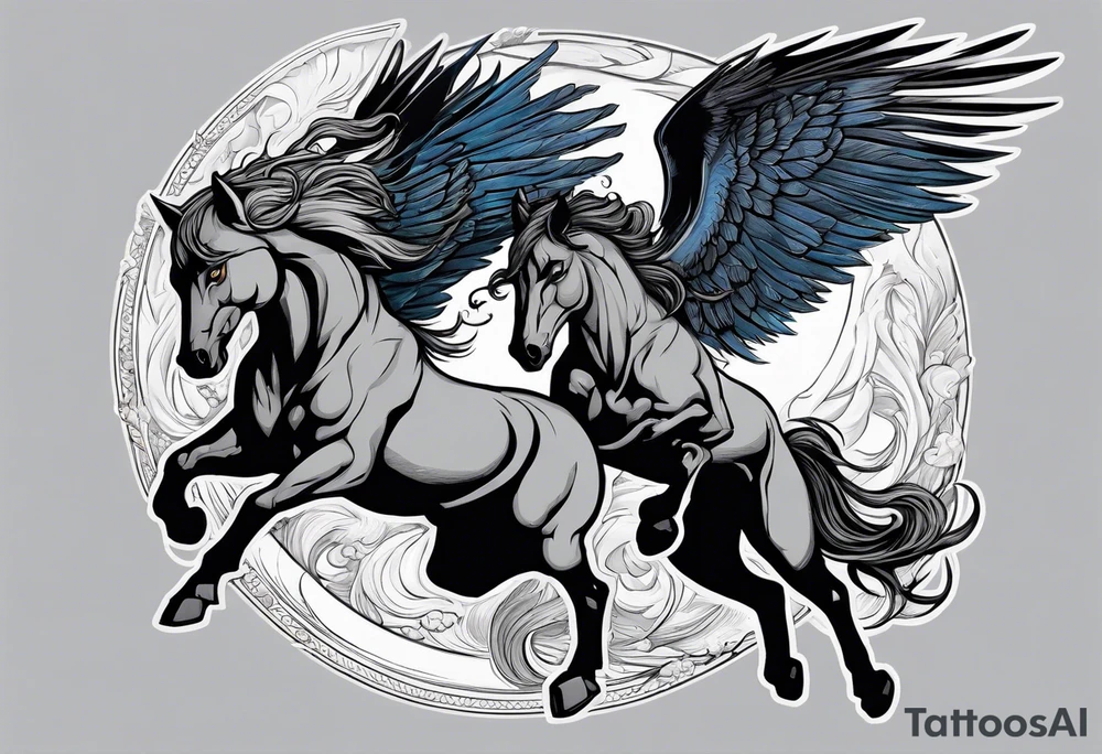 Female werewolf and Pegasus fighting each other in the night tattoo idea
