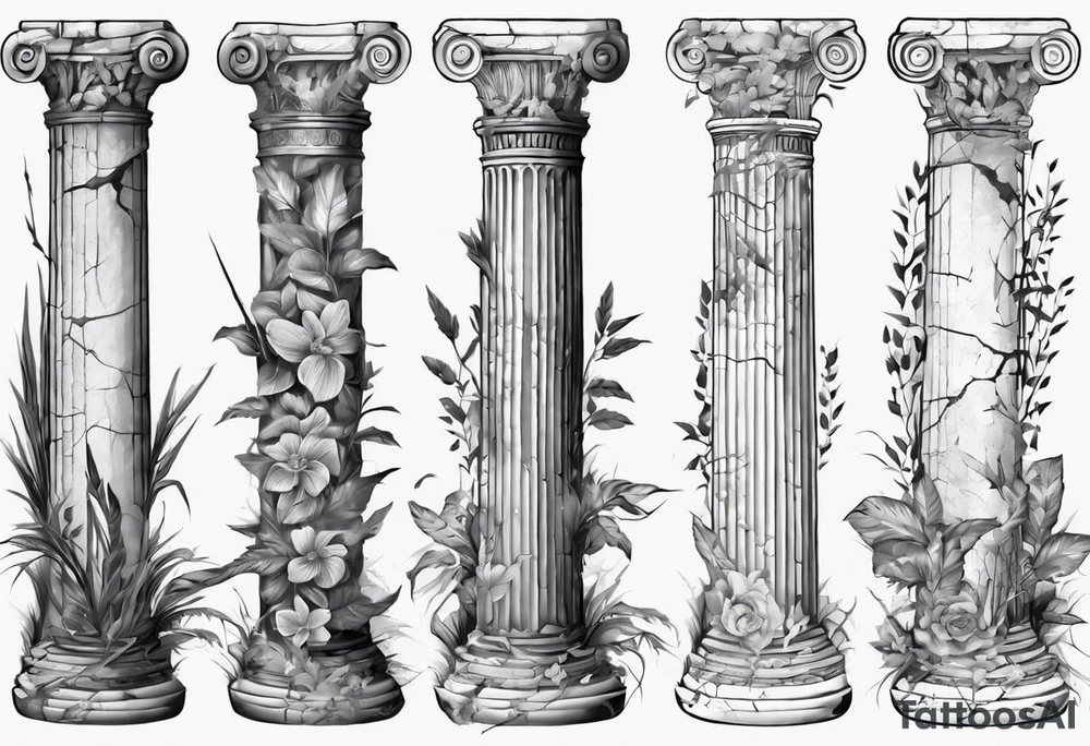 Half of an ancient roman pillar in the Ionian style. It has cracks on it, and on the lower half some overgrown plants. tattoo idea