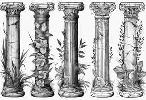 Half of an ancient roman pillar in the Ionian style. It has cracks on it, and on the lower half some overgrown plants. tattoo idea