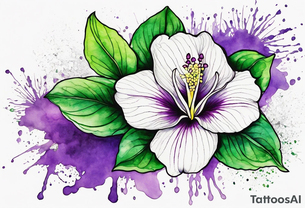 An outline of a rio dipladenia flower with a green/purple watercolor splash in the background tattoo idea