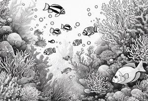 underwater coral reef with bubbles and fish tattoo idea