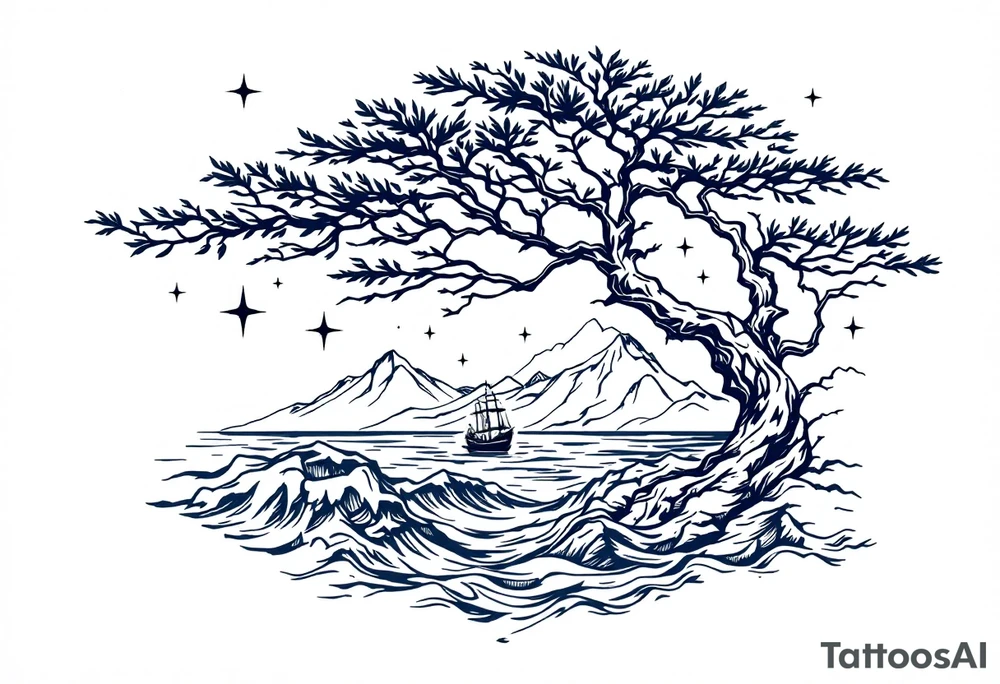 tattoo that has an acacia tree with mountains, ocean with a ship wreck and the northern star tattoo idea