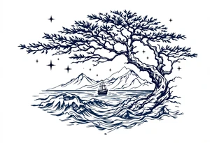 tattoo that has an acacia tree with mountains, ocean with a ship wreck and the northern star tattoo idea