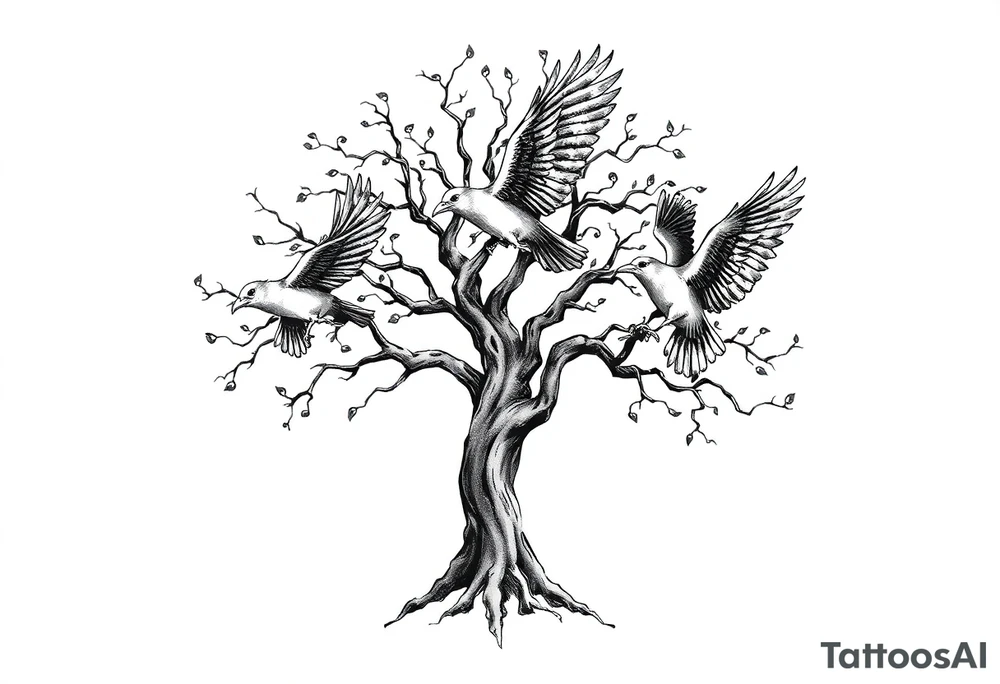 Irish family tree with 3 flying ravens tattoo idea