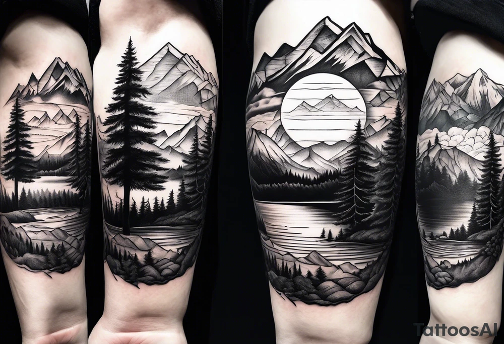 mountains and large trees and large sun with lake at bottom tattoo idea