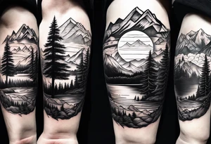 mountains and large trees and large sun with lake at bottom tattoo idea