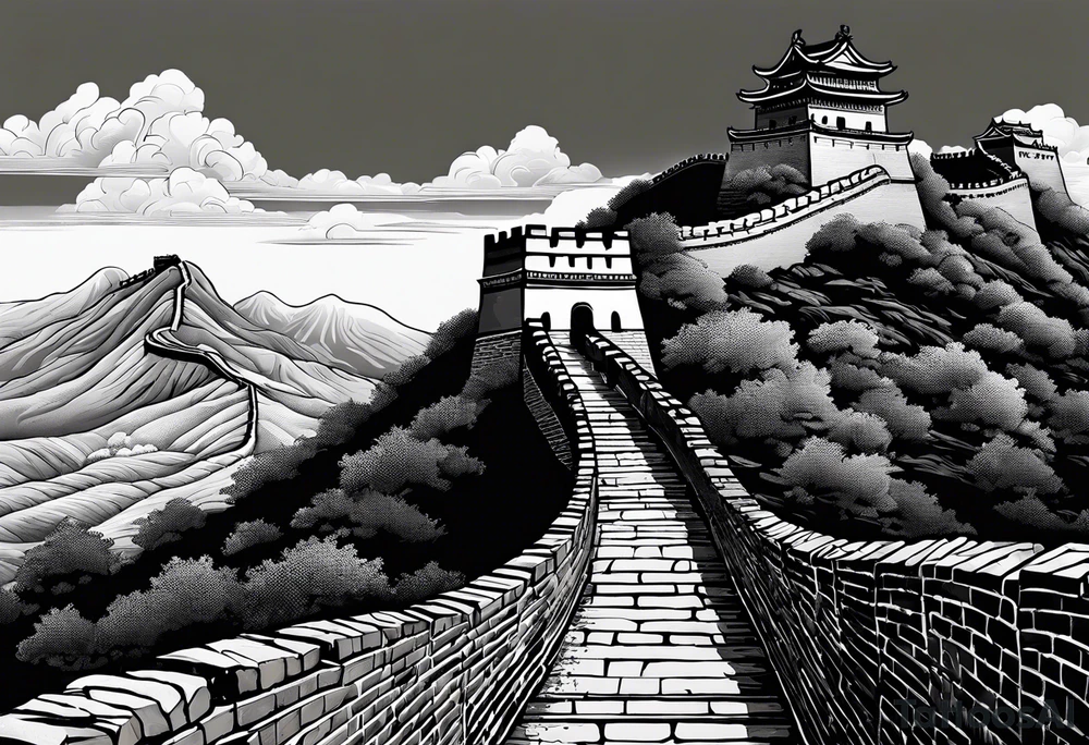 Great Chinese wall, realistic, art, gezeichnet, fine line, black and grey, sky tattoo idea