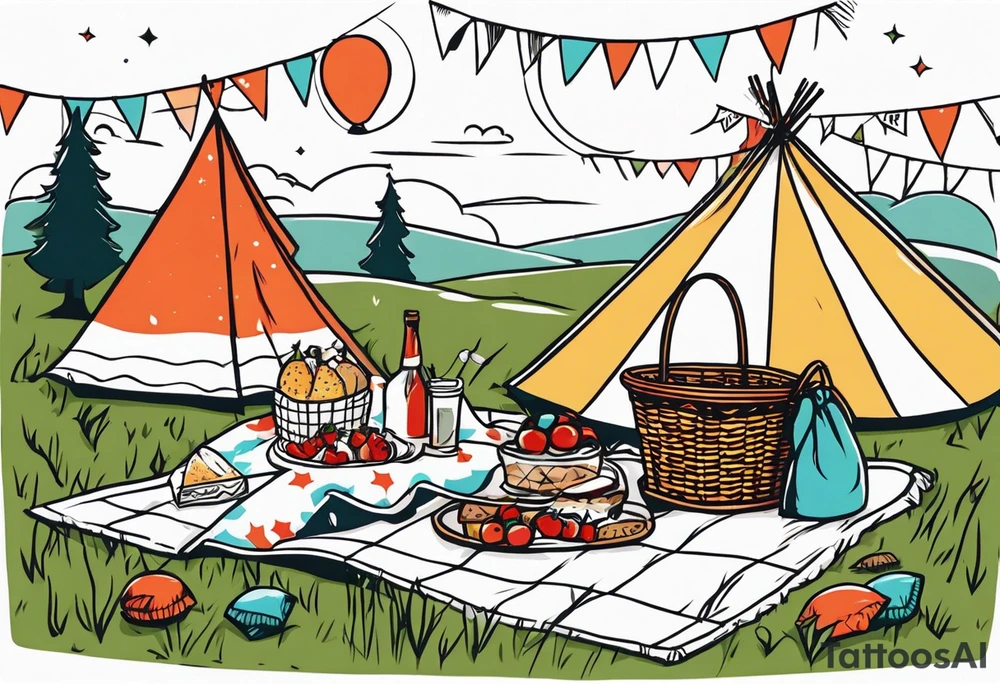 picnic scene on a meadow, with a sheckers blanket, basket, pillows and party pennants. tattoo idea