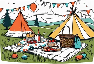 picnic scene on a meadow, with a sheckers blanket, basket, pillows and party pennants. tattoo idea