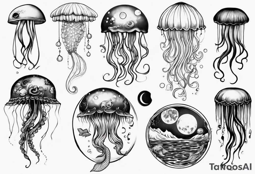 1 jellyfish with the moon in the lid. Then with mini koi carp and jellyfish swimming amongst the tentacles tattoo idea