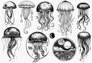 1 jellyfish with the moon in the lid. Then with mini koi carp and jellyfish swimming amongst the tentacles tattoo idea