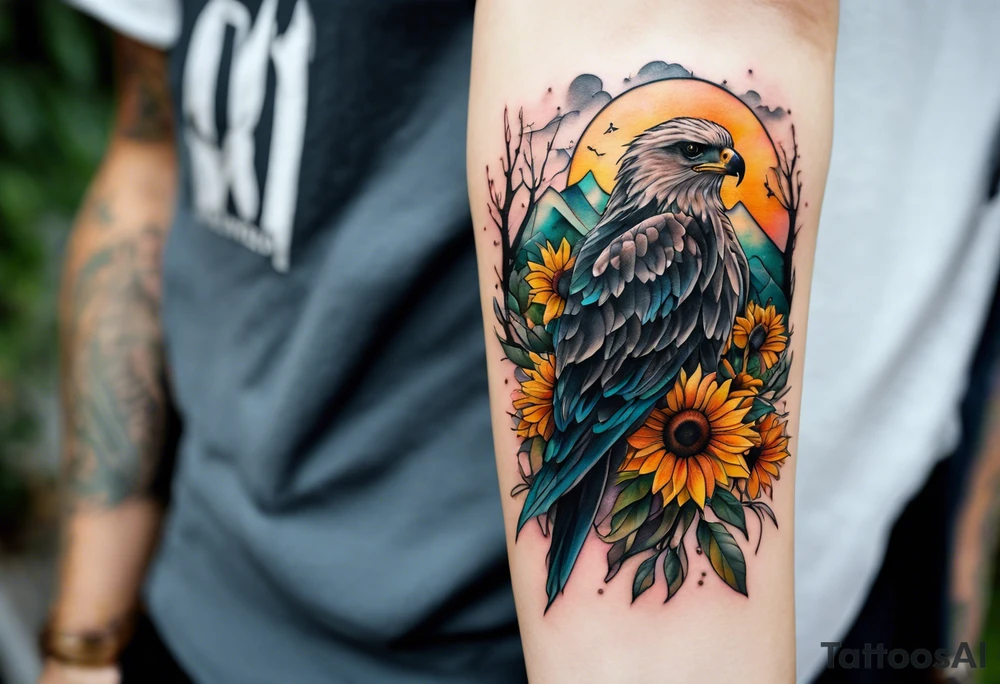 Small inside arm tattoo. Black kite (Daya's name), nature (trees/sea), small sunflower. Soft colours tattoo idea