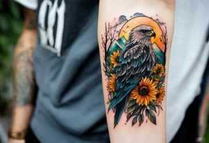 Small inside arm tattoo. Black kite (Daya's name), nature (trees/sea), small sunflower. Soft colours tattoo idea