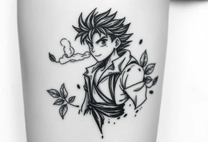 An animated character with smoke passing through and leaves in a negative effect around it. In black and white, dot shading with soft shading. tattoo idea