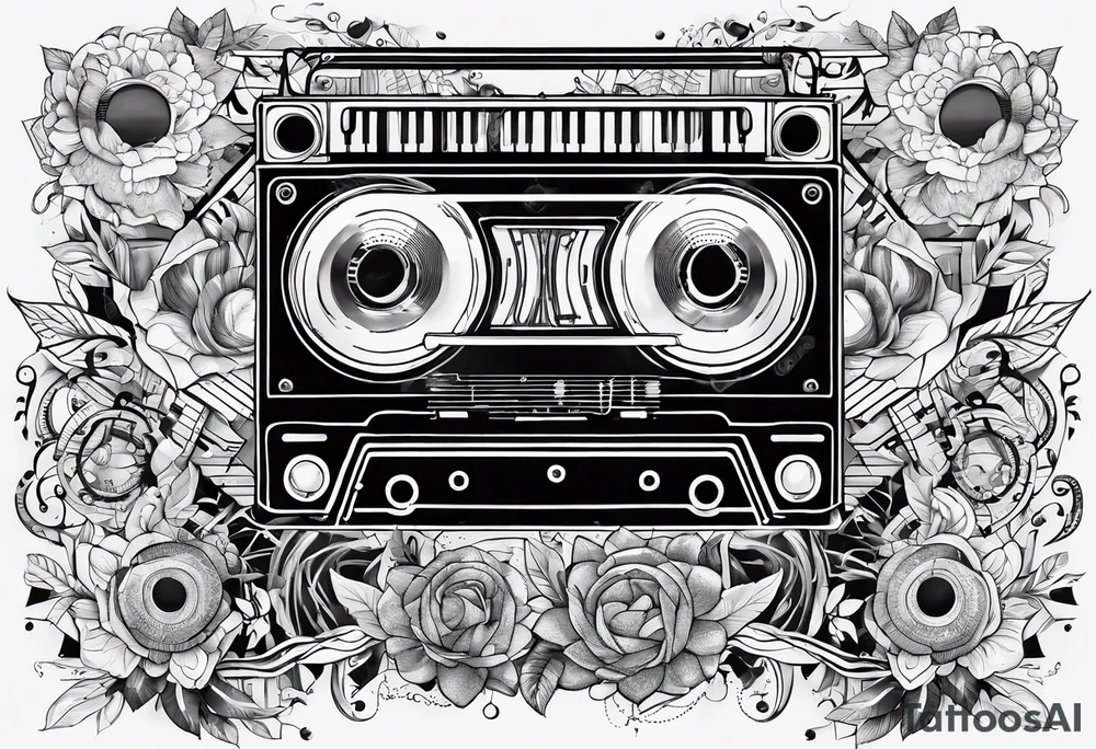 geometric tattoo with music notes, a cassette tape, and
instruments tattoo idea