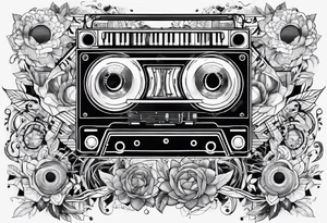 geometric tattoo with music notes, a cassette tape, and
instruments tattoo idea